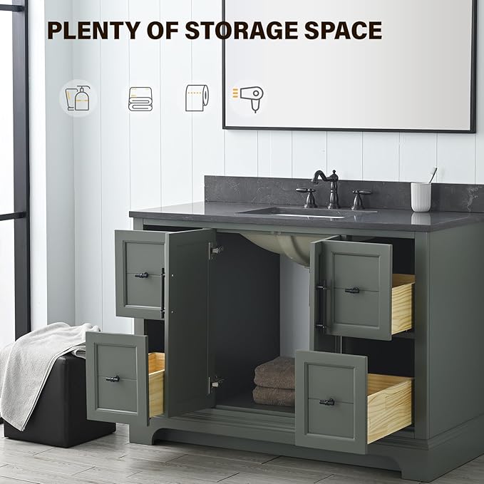 Vanity Art 48 Inch Single Sink Bathroom Vanity with Ceramic Sink and Stone Top | Undermount Rectangular Sink Cabinet Soft Closing Doors, Dovetailed Drawers, No Mirror VA5048-VG