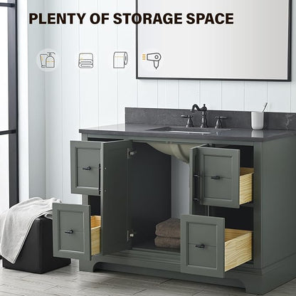Vanity Art 48 Inch Single Sink Bathroom Vanity with Ceramic Sink and Stone Top | Undermount Rectangular Sink Cabinet Soft Closing Doors, Dovetailed Drawers, No Mirror VA5048-VG