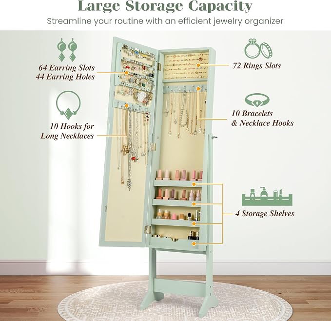 Giantex Jewelry Armoire with Full Length Mirror, Standing Jewelry Cabinet Organizer with 3 Tilting Angles, Bedroom Dressing Mirror with Large Storage for Earrings, Rings, Necklaces, Sage