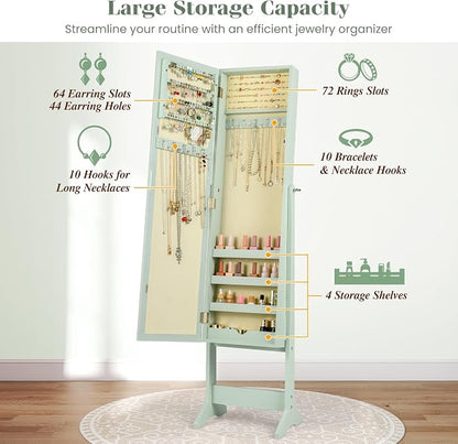 Giantex Jewelry Armoire with Full Length Mirror, Standing Jewelry Cabinet Organizer with 3 Tilting Angles, Bedroom Dressing Mirror with Large Storage for Earrings, Rings, Necklaces, Sage