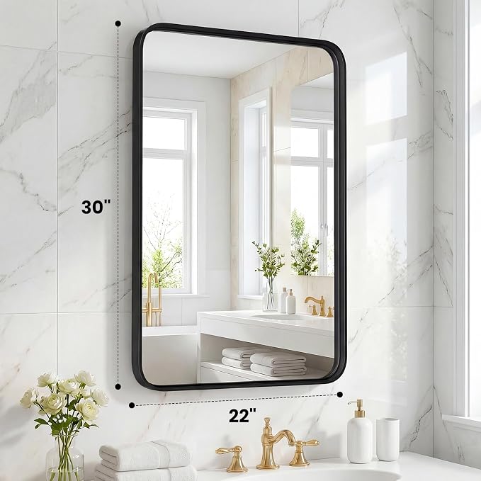 OLIXIS Bathroom Mirror 22x30 Inch, Wall Mount Vanity Mirrors for Over Sink | Rectangle Mirror with Matte Metal Framed, Modern Wall Mount Vanity Mirrors for Home Decor, Living Room, Bedroom, Black