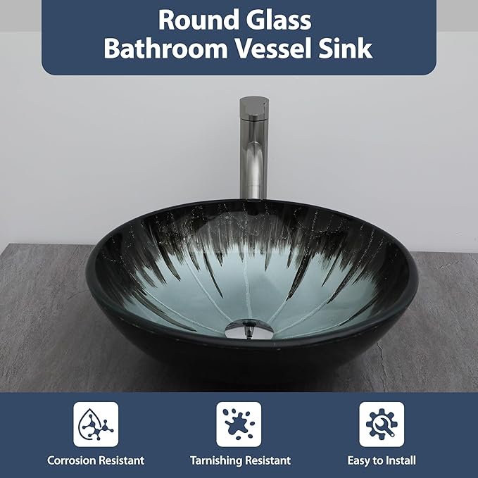 Logmey 16" Glass Bathroom Vessel Sink Vanity Countertop Round Bowl with Chrome Pop up Drain Set,Glass Art Basin,Grey-Black Gradient