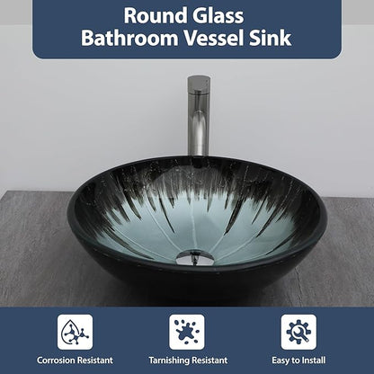 Logmey 16" Glass Bathroom Vessel Sink Vanity Countertop Round Bowl with Chrome Pop up Drain Set,Glass Art Basin,Grey-Black Gradient