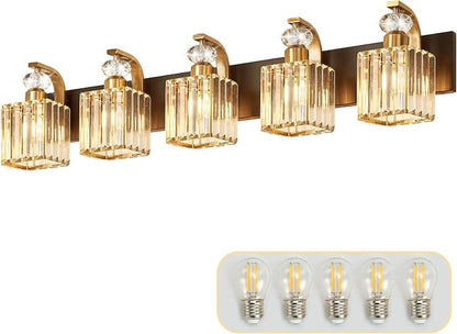 Modern Bathroom Vanity Light, 5-Light Black Gold Bathroom Lighting Fixtures Over Mirror, 36.3" Crystal Wall Light Sconce for Bathroom/Bedroom/Vanity, Includes LED Bulbs, Easy Installation