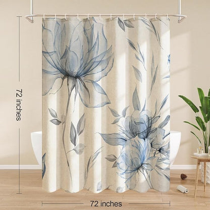 Litabel Farmhouse Blue Floral Linen Shower Curtain, Boho Vintage Spring Cotton Shower Curtains for Chic Elegant Bathroom Decor, Ink Painting Style Blossom Fabric Bath Curtain, 72 x 72