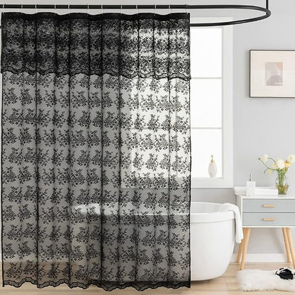 TUDECO Black Lace Shower Curtain with Valance, Gothic Style, 72 x 72 Inch | Halloween Bathroom Curtain, Moody Witchy Victorian Decor, Dark Vintage Floral, Soft Light Filtering, Scalloped Edges
