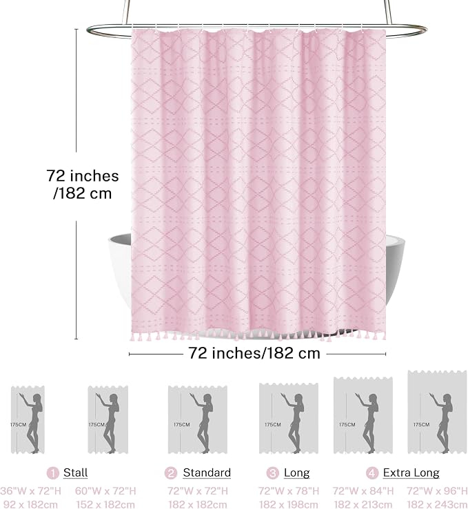Siiluminisoy Boho Shower Curtain Pink Woven Fabric Cute Shower Curtain, 72 x 72 Tufted Chevron Textured Striped Modern Farmhouse Minimalist Cloth Shower Curtains for Bathroom