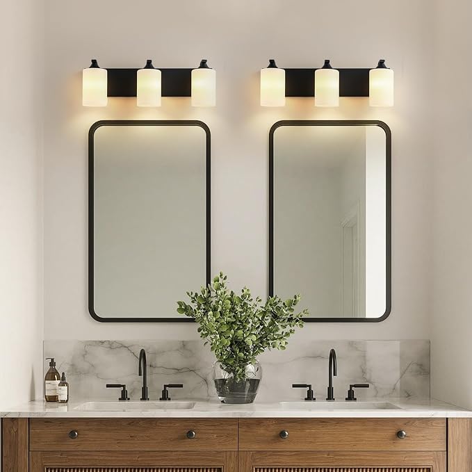 Bathroom Vanity Light Fixtures,3-Light Matte Black Bathroom Lighting Fixtures Over Mirror with Milk White Glass Shades Modern Farmhouse Vanity Lights Wall Sconces