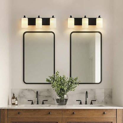 Bathroom Vanity Light Fixtures,3-Light Matte Black Bathroom Lighting Fixtures Over Mirror with Milk White Glass Shades Modern Farmhouse Vanity Lights Wall Sconces