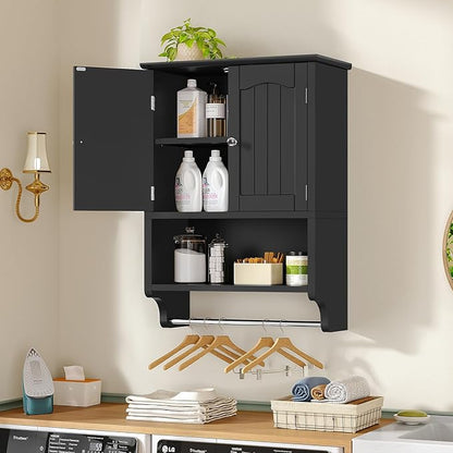 TEENFON Bathroom Wall Cabinet with Adjustable Shelves and Towel Rack, Wall Mounted Over The Toilet Storage Cabinet for Bathroom, Living Room, Black