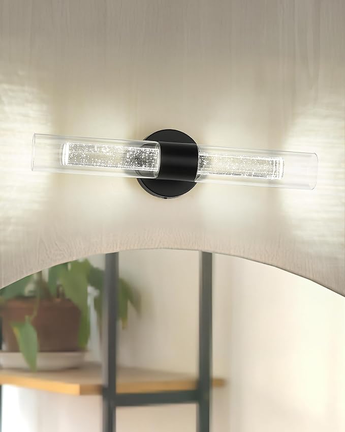 kudos Black LED Vanity Light, Crystal Bubble and Clear Glass, KDVL05-BK-2 | 11W, 1000 Lumens,3000K, 4500K and 6000K Selectable, Hardwired, for Bathroom, Bedroom and Over Mirror