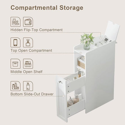 ChooChoo Slim Bathroom Storage Cabinet with Slide Out Drawers | Narrow Storage Organizer with Hidden Storage, Freestanding Toilet Paper Holder, Bathroom Cabinet for Small Places, White