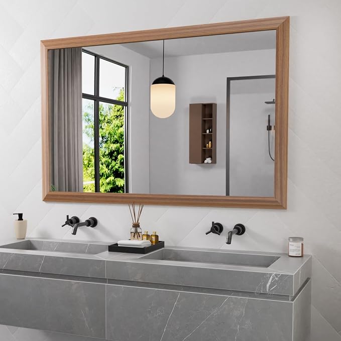 Bathroom Mirror for Wall, 50 X30 Inch (Walnut Wood Grain) | Metal Framed, HD Reflection, Anti-Rust, Hang Horizontally/Vertically, Suitable for Bedroom, Farmhouse, Bathroom, Entryway