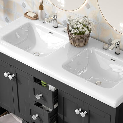 46.7 inch Bathroom Sink Vanity Combo, Large Freestanding Double Bath Vanity Sink Set with 2 Cabinets & 6 Drawers, Dual Basin Modern Bathroom Storage Cabinet, Black