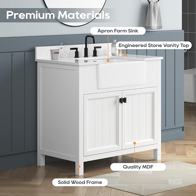 36 Inch Bathroom Vanity With Sink, Solid Wood Frame Single Bathroom Vanity, Modern Storage Cabinet With Soft Closing Doors, Apron Farm Sink, Adjustable Feet, White