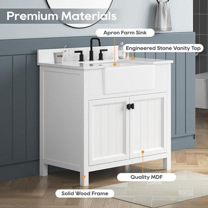 36 Inch Bathroom Vanity With Sink, Solid Wood Frame Single Bathroom Vanity, Modern Storage Cabinet With Soft Closing Doors, Apron Farm Sink, Adjustable Feet, White