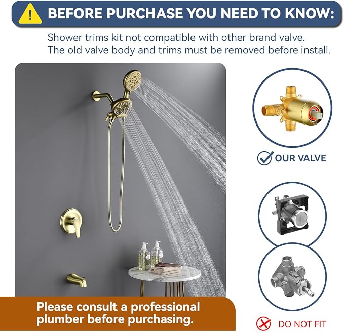 L829-3 Brushed Gold Shower Faucet Set - Complete Dual Shower Head & Handheld Combo, Tub Spout & Trim Kit