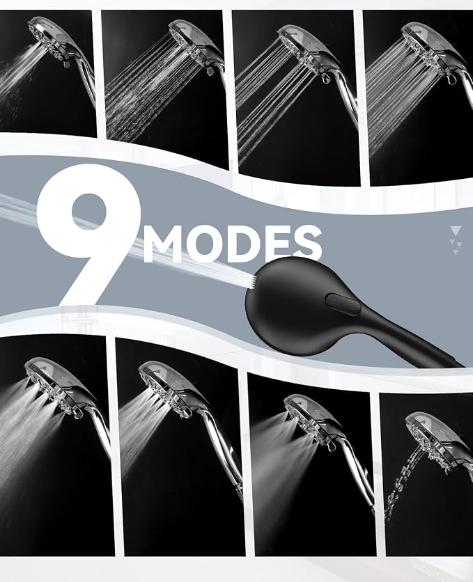 JDO Shower Head with Handheld, High Pressure Handheld Shower Head 9 Settings, Detachable Shower Head Set with Stainless Steel Hose and Shower Bracket (Matte Black)