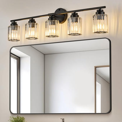 37.4" Crystal Bathroom Lighting Fixtures Over Mirror, 5-Light Balck Vanity Light Fixture, Vanity Lights with Clear Crystal Shade, E26 Base Wall Sconces for Bathroom, Bedroom, Hallway