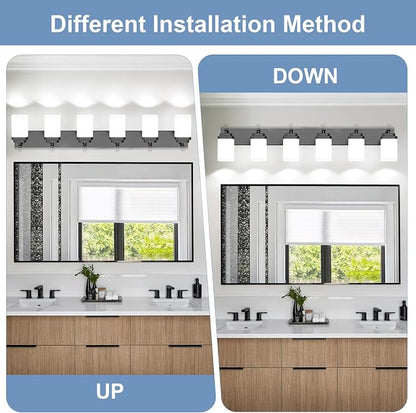 Matte Black Bathroom Light Fixtures, 6 Lights Bathroom Lighting Fixtures Over Mirror, Square Design & Rectangle Large Backplate, Modern Vanity Lighting Fixtures, for Living Room/Bedroom