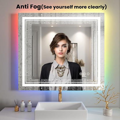 44x32 Inch RGB LED Bathroom Mirror with Lights | Front and RGB Backlit, Dimmable, Memory, Anti Fog, Shatterproof, Horizontal/Vertical, Lighted Mirrors for Bathroom Wall