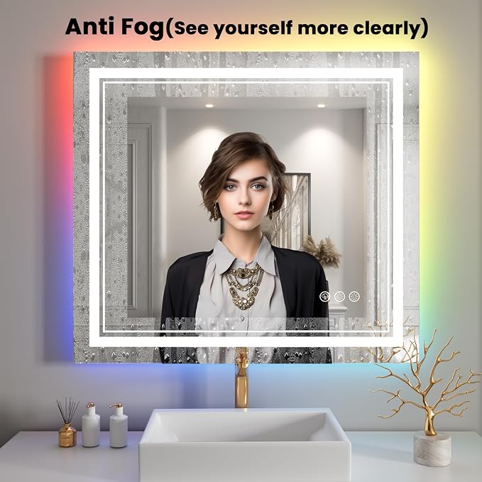 44x30 Inch RGB LED Bathroom Mirror with Lights | Front and RGB Backlit, Dimmable, Memory, Anti Fog, Shatterproof, Horizontal/Vertical, Lighted Mirrors for Bathroom Wall