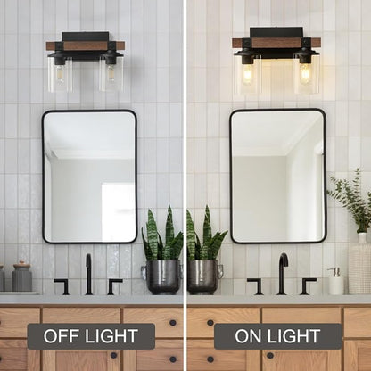 Farmhouse Vanity Light for Bathroom Wooden Rustic Vanity Lighting fixtures | 2-Light Bathroom Lights Over Mirror Vintage Wall Sconce Lighting with Clear Glass Shade for Bedroom Hallway