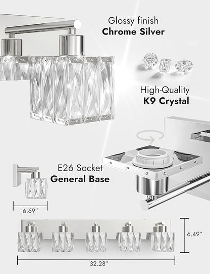 VOLISUN Chrome Bathroom Light Fixtures, Modern Stainless Steel Bathroom Lighting Fixtures Over Mirror, 5 Light Bathrooms Vanity Light, Crystal Vanity Light for Bathrooms-UL Certificated(Exclude Bulb)