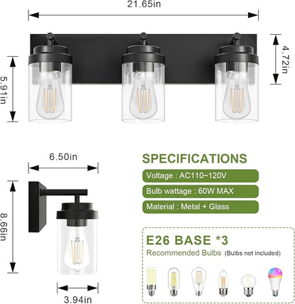 3-Light Bathroom Light Fixtures, Matte Black Vanity Lights | Modern Bathroom Lighting Fixtures Over Mirror, Vanity Lights for Bathroom, Mirror, Restroom, Bedroom, E26