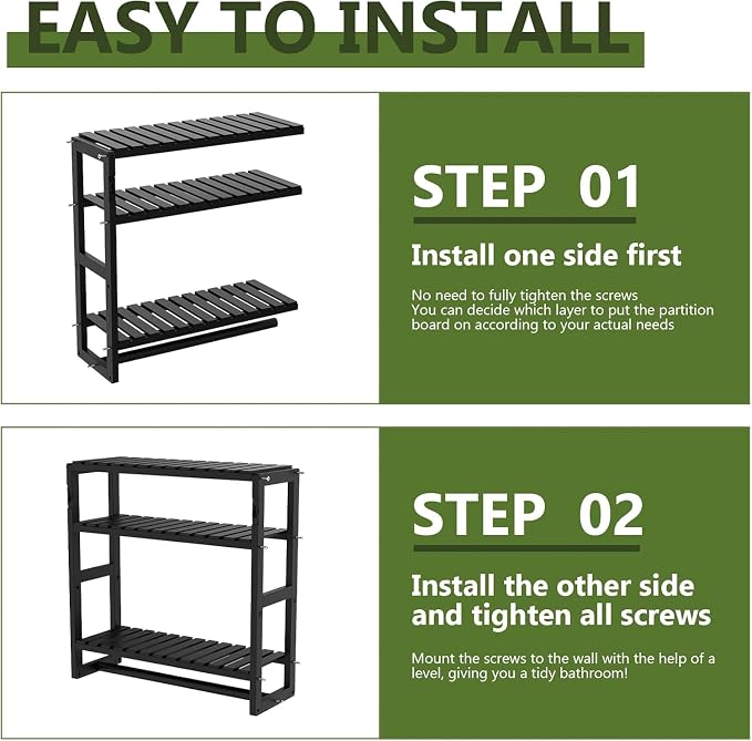 Galood Over The Toilet Storage Bathroom Shelves Wall Mounted Black Sets | 3 Tier Space Saver Corner Shelf Organizer Bamboo Towel Rack Toilet Paper Cabinet with Hanging Rod