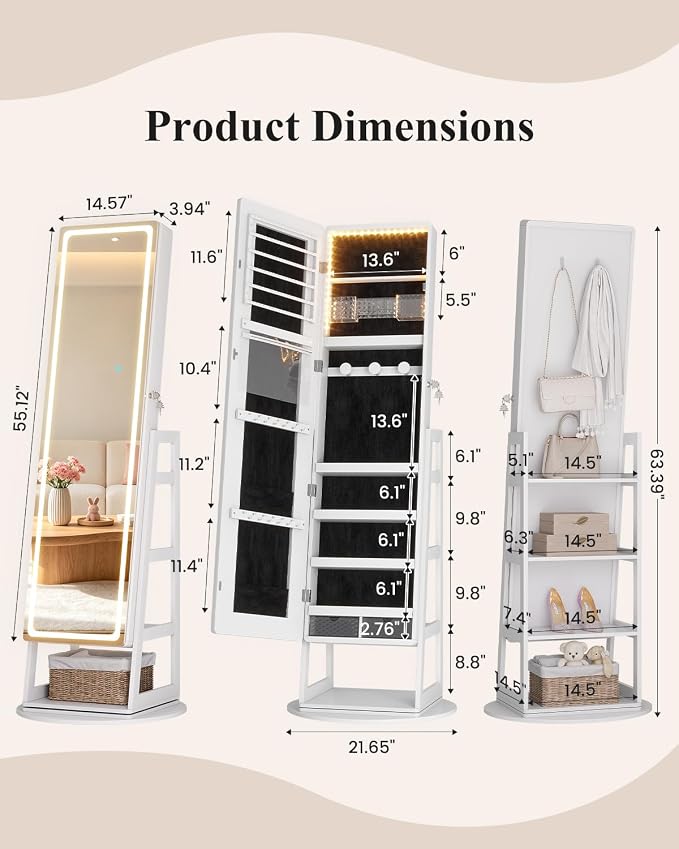 LVSOMT Standing Jewelry Cabinet Mirror with Adjustable LED Light White | 63" Lockable Jewelry Armoire Organizer with 4 Rear Shelves & Hooks, 360° Swivel, for Bedroom, Living Room, Women Girls Gift