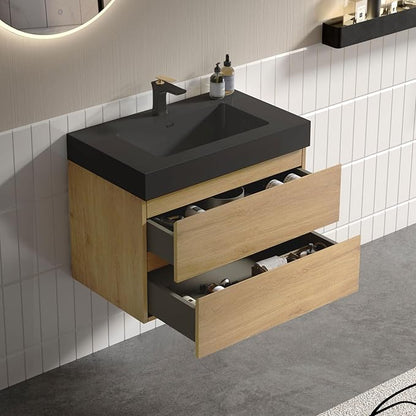30" Floating Bathroom Vanity with Black Sink, Modern Bathroom Cabinet with Top and Soft Close Drawers, Spacious Storage for Small Space, Natural Oak - Lavanda Collection
