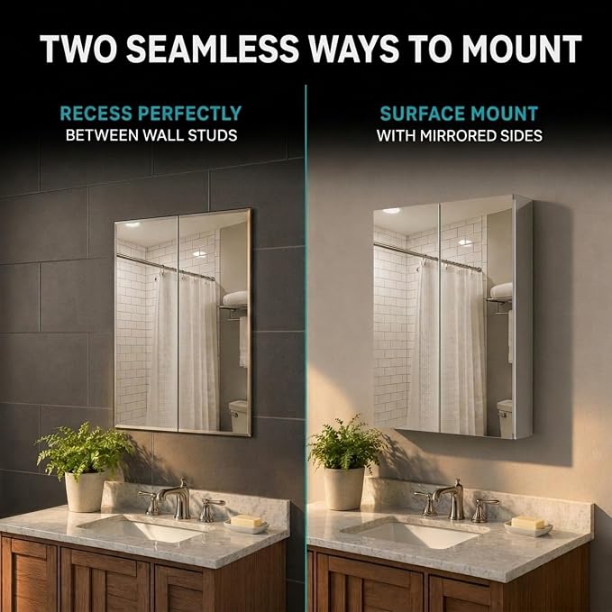 Bathroom Medicine Cabinet, Aluminum, Recessed/Surface Mount, 30" x 30", Right/Left Hinged, Mirrored Interior