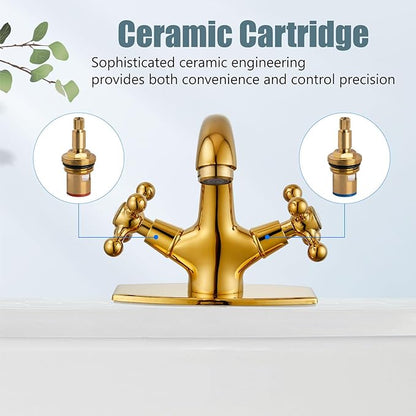Aolemi Bathroom Sink Faucet Single Hole Cold and Hot Double Handle Cross Knobs Vanity Vessel Sink Basin Mixer Tap with Deck Cover Plate with Pop Up Drain Polish Gold
