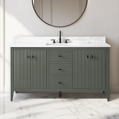 Vanity Art 60 inch Bathroom Vanity with Single Sink & Ceramic Top, Vanity Cabinet with Soft-Closing Door, Solid Wood Frame, Linear Pattern, Vintage Green, VA9160-SVG-MB,Matte Black Handles