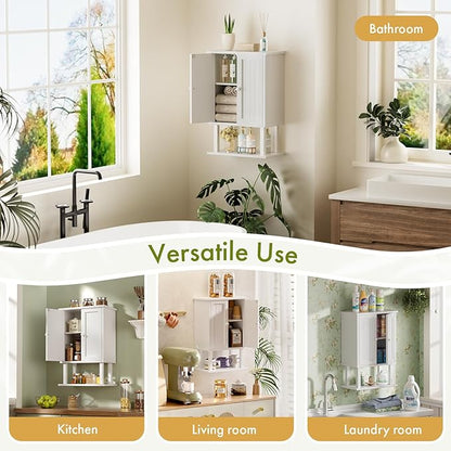 AmazerBath Bathroom Wall Cabinets, Bamboo Over The Toilet Storage Cabinet with Adjustable Shelves, Wall Mounted Medicine Cabinets with 2 Doors for Small Spaces, White, 9.0 x 15.7 x 23.8 Inches