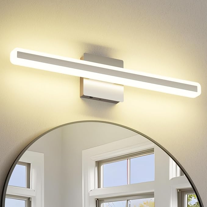 JUSHENG Brushed Nickel Vanity Lights for Bathroom, 5CCT Dimmable Vanity Light Bar, Modern LED Bathroom Lighting Fixtures Above Mirror 24'' Inch 20W