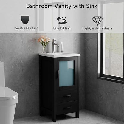 wonline 16 Inch Modern Bathroom Vanity with Sink, Single Bathroom Cabinet Vanity for Small Space, Freestanding Storage Drawered Cabinet with Faucet & Pop Up Drain, Black