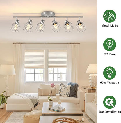 6-Light Brushed Nickel Multi-Directional Semi Flush Mount Ceiling Light, Kitchen Light Fixtures Ceiling Mount, Modern Metal Cage Close to Ceiling Lamp for Dining Room Hallway Entryway