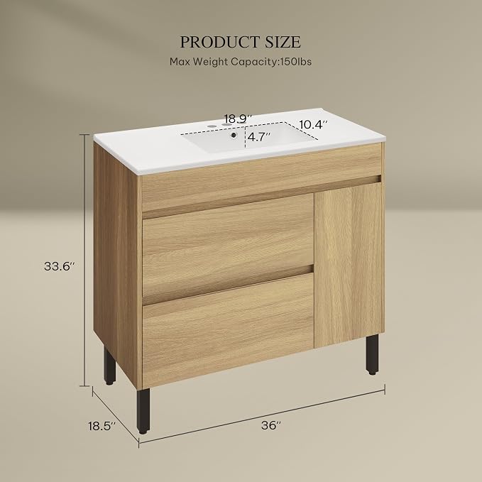 YITAHOME 36 Inch Bathroom Vanity with Sink | Bathroom Cabinet Vanity, Freestanding Storage Bathroom Vanity with 1 Soft Closing Cabinet & 2 Drawers, Natural Brown