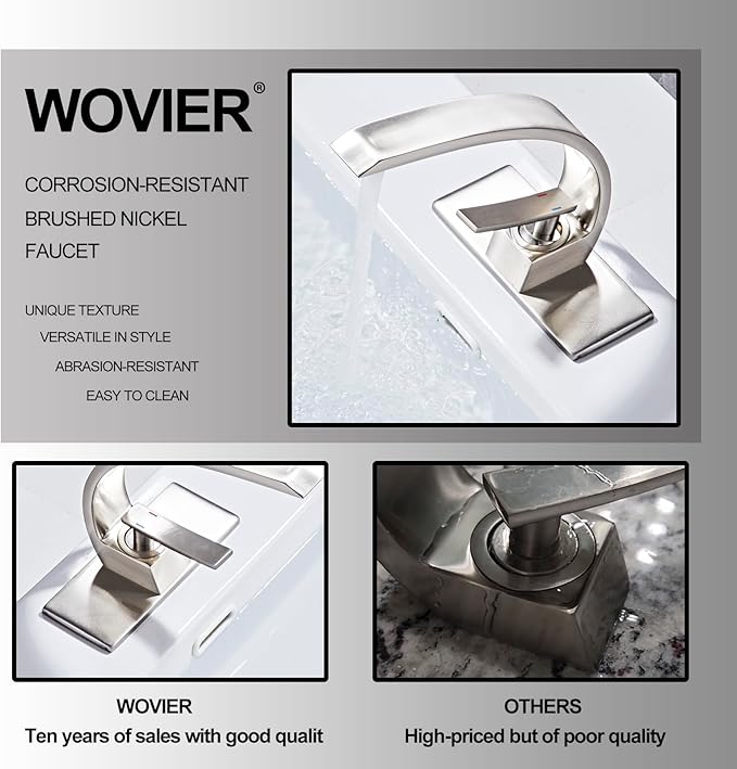 Wovier Brushed Nickel Bathroom Sink Faucet,Unique Design Single Handle Single Hole Brass Lavatory Vanity Faucet,Basin Mixer Tap with Supply Hose and Pop Up Drain Assembly