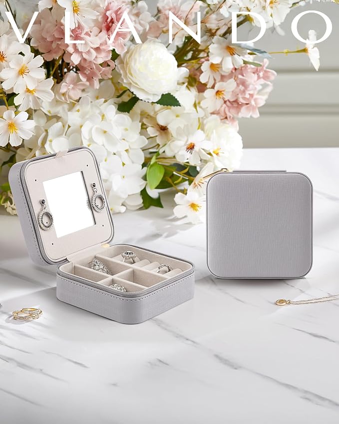 VLANDO Small Travel Jewelry Box Organizer - Display Case for Girls Women Gift Rings Earrings Necklaces Storage with Mirror Grey | Necklace Hook for Anti-tangle, Removable Dividers, Waterproof PU Leather,Portable Storage for Rings, Necklace Gifts for Women