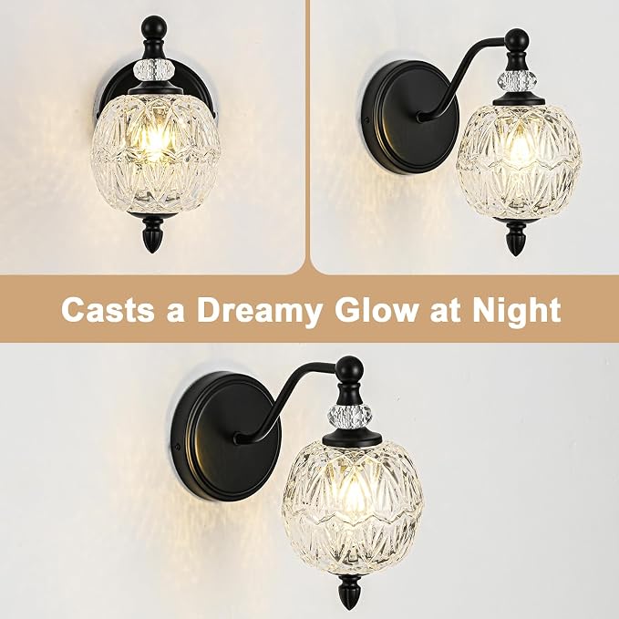 1 Piece Matte Black Wall Sconce, 1-Light Mid Century Farmhouse Style Wall Sconce with Globe Glass Shade, Retro Light for Bathroom, Bedroom, Living Room, Powder Room