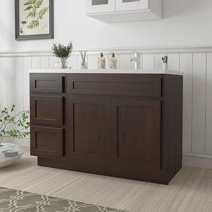 Vanity Art 54 inch Bathroom Vanity Base Only, Single Bathroom Vanity Cabinet with Soft Closing Shaker Drawer, Sturdy Floor Mounted Storage Cabinet Organizer for Bathroom, Brown, VA4039+VA4015-3