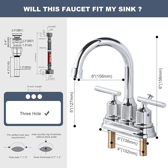WOWOW Chrome Bathroom Faucet 3 Hole Bathroom Sink Faucet 2 Handle Faucet Centerset 4 inch Vanity Faucet Modern Water Tap with Lift Rod Drain Stopper and Supply Lines