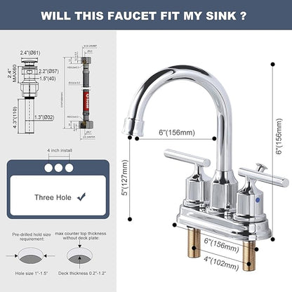 WOWOW Chrome Bathroom Faucet 3 Hole Bathroom Sink Faucet 2 Handle Faucet Centerset 4 inch Vanity Faucet Modern Water Tap with Lift Rod Drain Stopper and Supply Lines