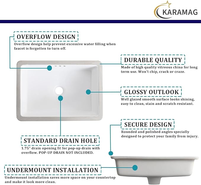 20 Inch Undermount Bathroom Sink Rectangle Undermount Sink White Ceramic Under Counter Bathroom Sinks with Overflow (19.8"x13.7")