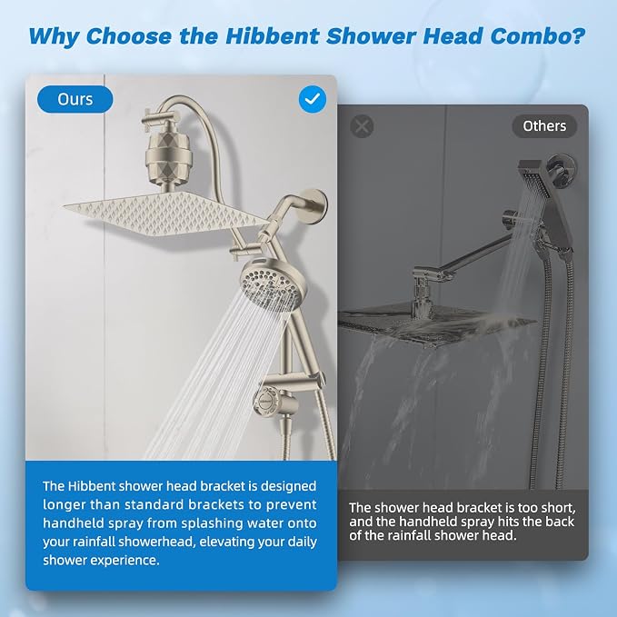 Hibbent 10" Dual Filtered 10" Rainfall Shower Head with Handheld 10-Spray | High Pressure Metal Brushed Nickel Showerhead Combo with Filter, Extension Arm with 4-way Diverter, 71'' Hose & Holder