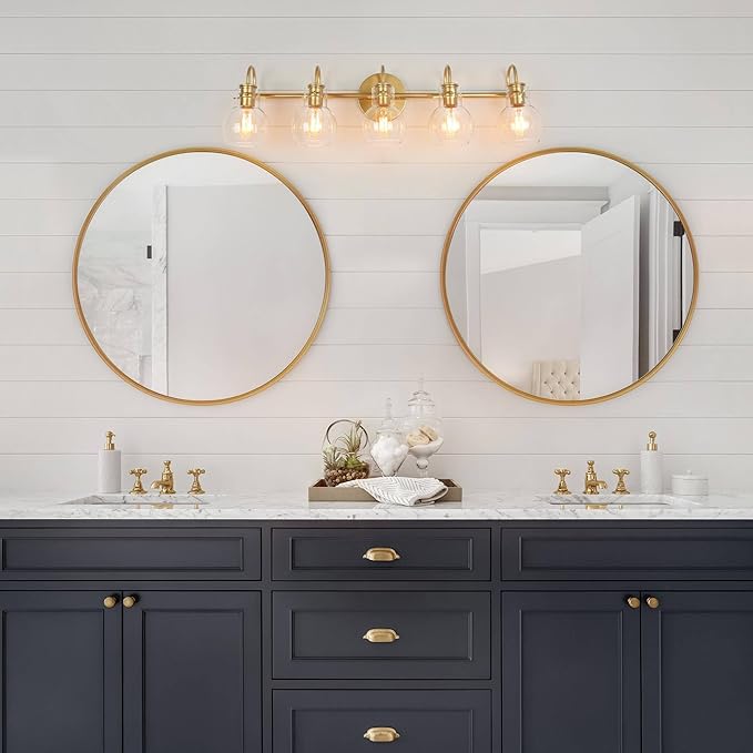 KSANA Bathroom Vanity Light, 5-Light Large Gold Wall Light Fixtures, Modern Vanity Lights Over Mirror with Globe Clear Glass Shades