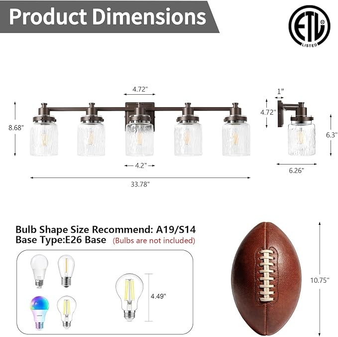 5 Light Bathroom Vanity Light Fixtures Farmhouse Oil Rubbed Bronze | ETL Certificate, Easy to Install,Wall Mount Up or Down,Hammered Glass Lampshade,E26 Socket,Hardwired,120V